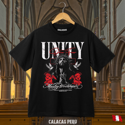 Polo negro con estampado "Lamento de Jesucristo" — Calacas Perú, streetwear con humor peruano
