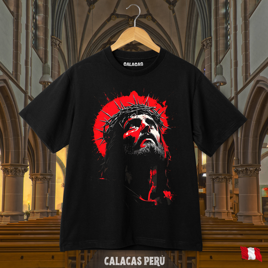 Polo negro con estampado "Jesus Art red" — Calacas Perú, streetwear con humor peruano