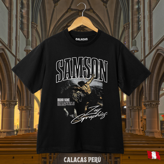 Polo negro con estampado "Sansón" — Calacas Perú, streetwear con humor peruano