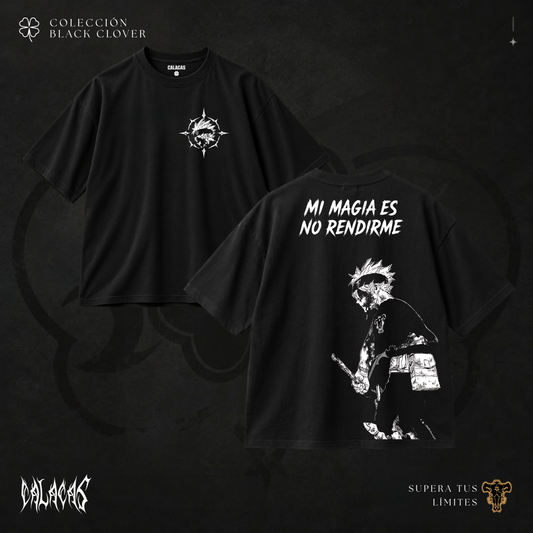 Polo negro con estampado "Mi magia es no rendirme" — Calacas Perú, streetwear con humor peruano